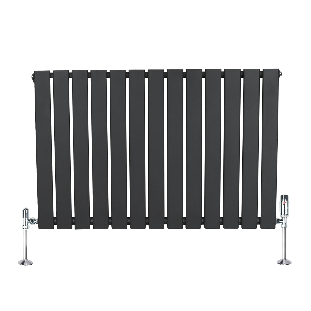 Flat single column radiator in anthracite grey, featuring sleek vertical slats and chrome valves, ideal for modern interiors