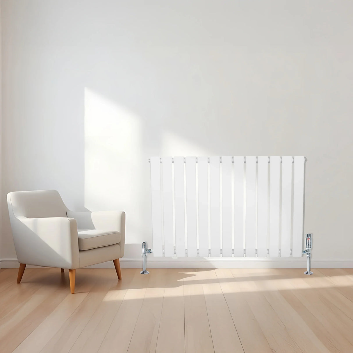 Flat single column radiator in white, 600mm x 910mm, featuring sleek vertical lines and chrome valves, set against a light room backdrop