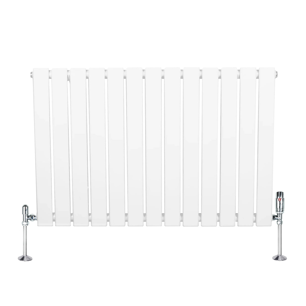 Flat single column radiator in white, 600mm x 910mm, featuring sleek vertical panels and chrome valves for modern interiors