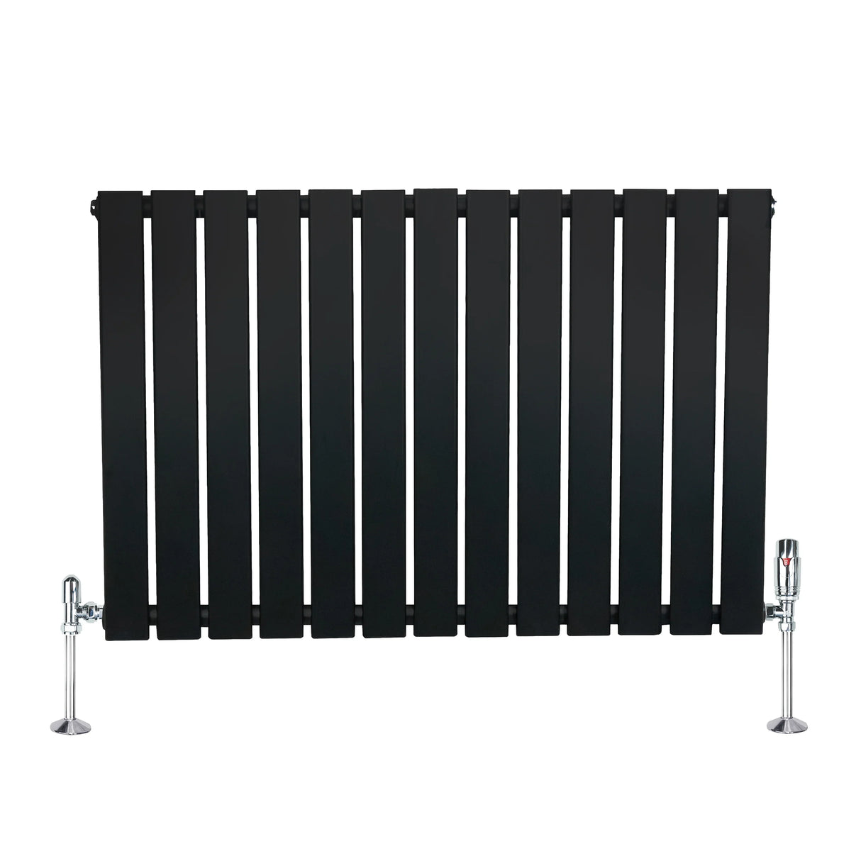 Flat black single column radiator with vertical slats and chrome valves, measuring 600mm x 910mm, ideal for modern interiors