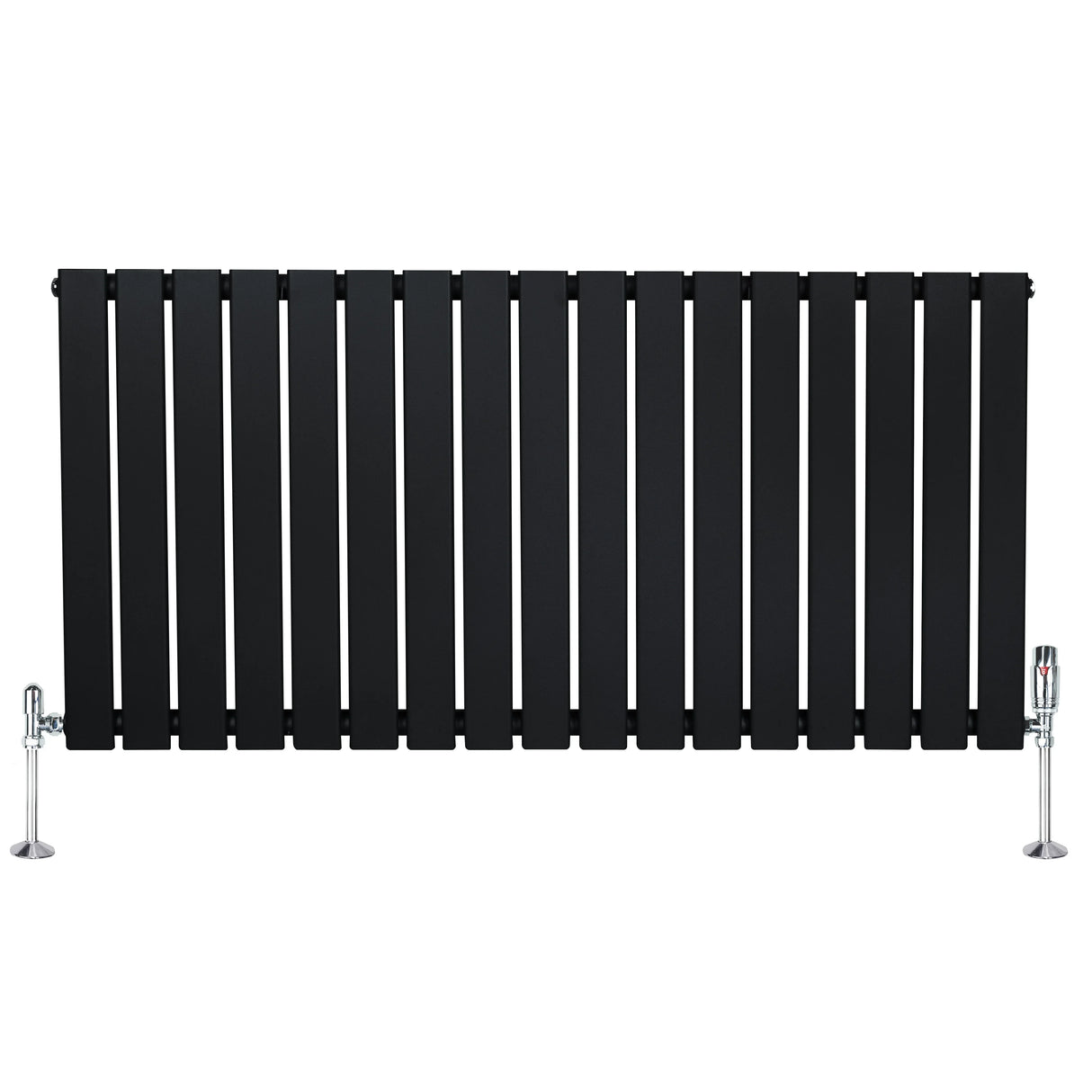 Flat single column radiator in sleek black finish, measuring 600mm x 1190mm, with polished valves and a modern design