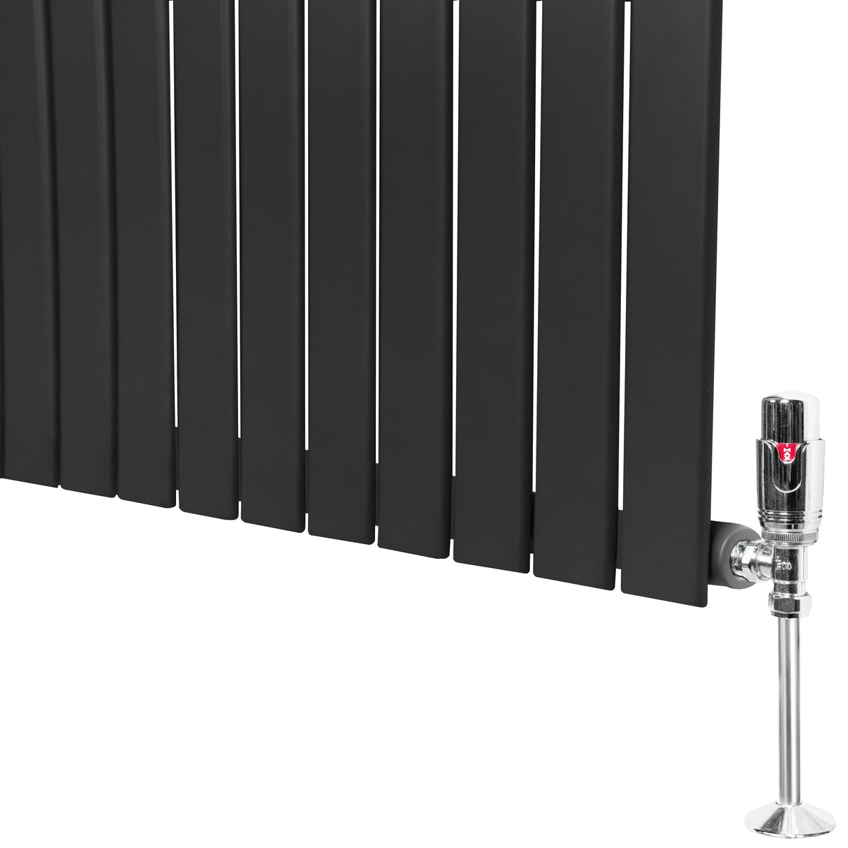 Flat single column radiator in anthracite grey, featuring sleek vertical panels and a polished valve, ideal for modern interiors
