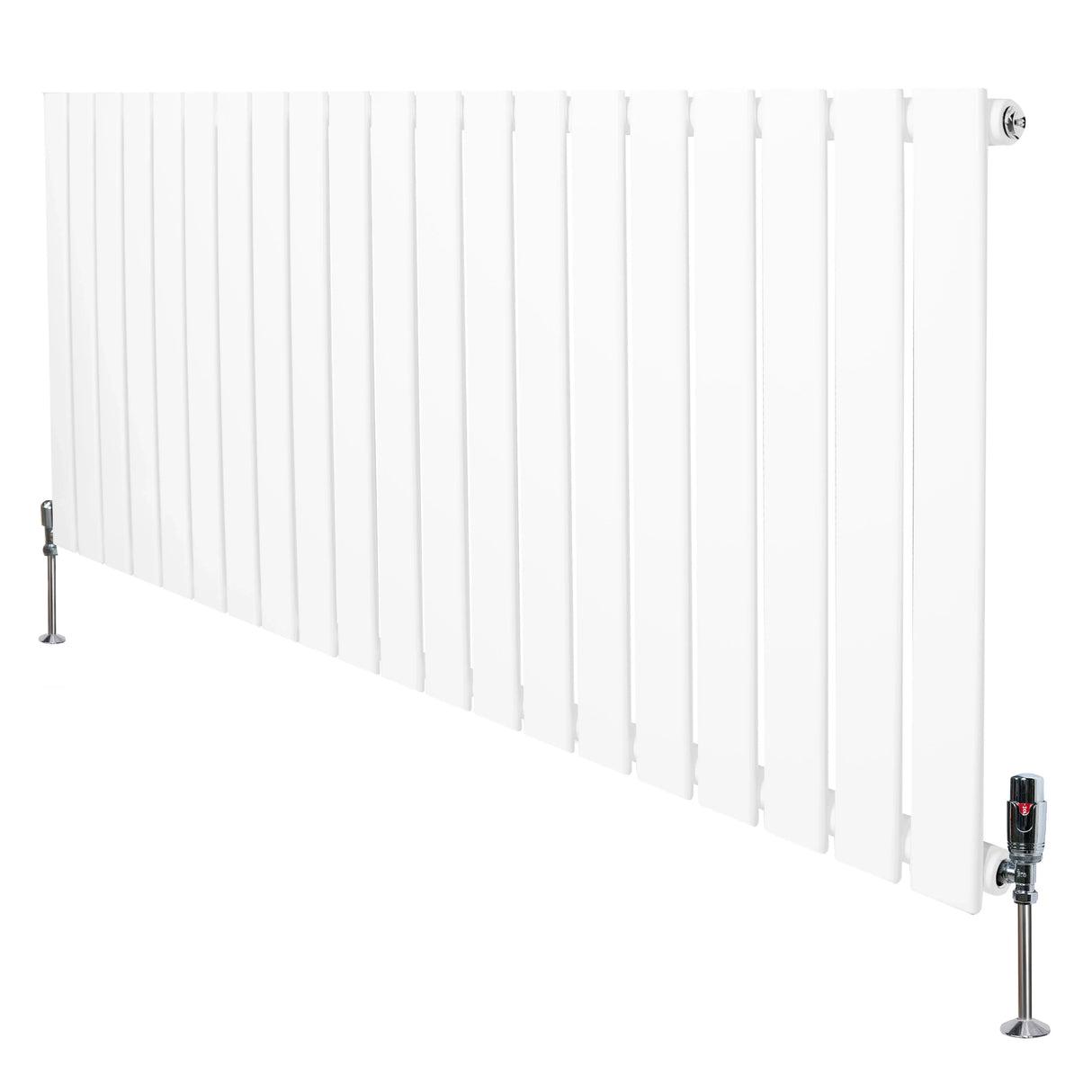 Flat single column radiator in white, measuring 600mm x 1400mm, featuring sleek vertical panels and chrome valves for modern decor