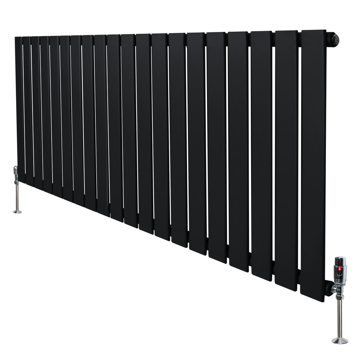 Flat single column radiator in sleek black finish, measuring 600mm x 1400mm, featuring vertical slats and chrome valves