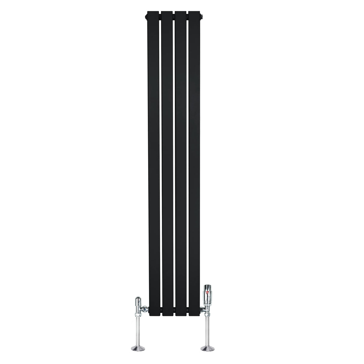 Sleek black flat single column radiator measuring 1600mm x 280mm with modern chrome valves, ideal for contemporary spaces
