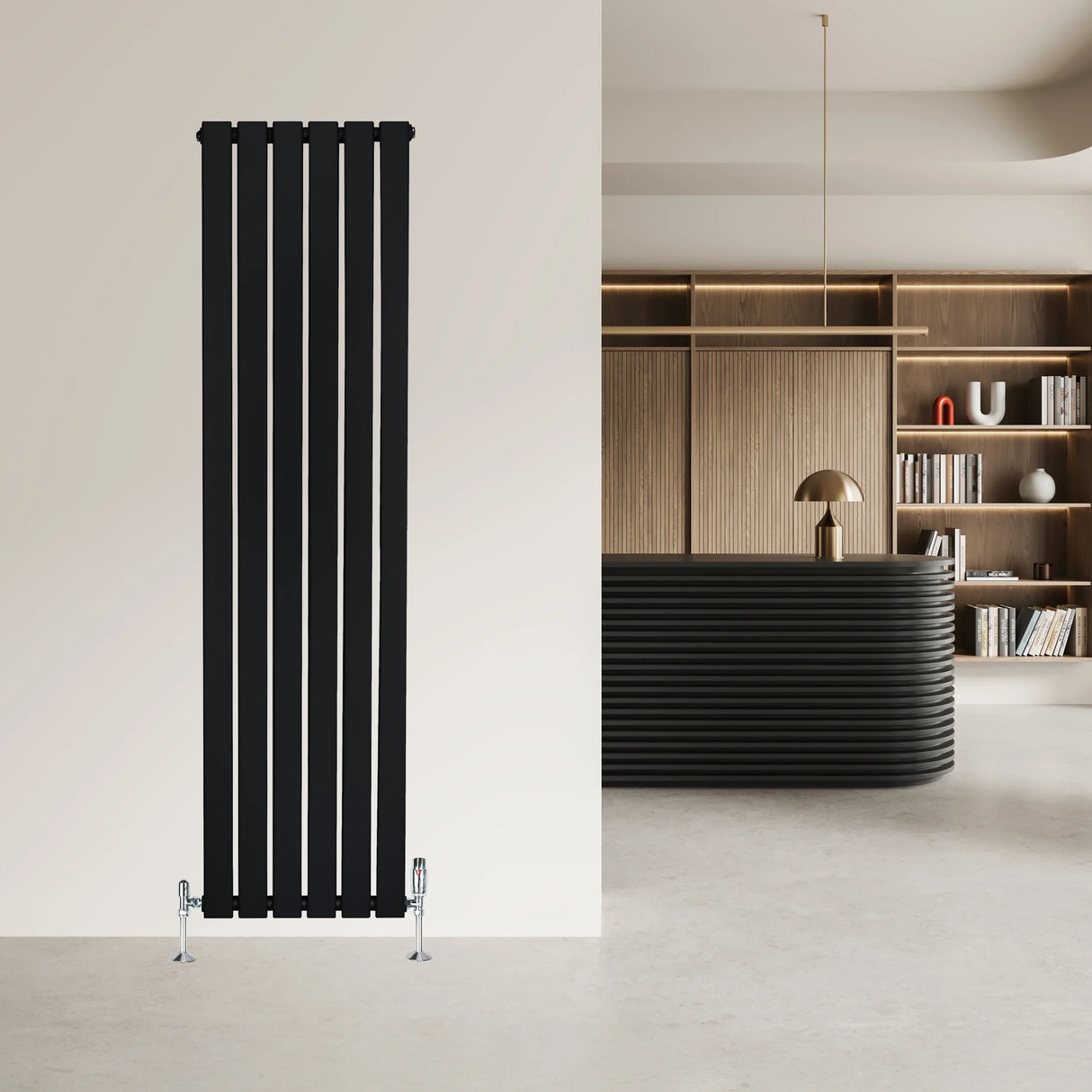Sleek black flat single column radiator with valves, measuring 1600mm x 420mm, mounted on a modern wall in a stylish interior setting