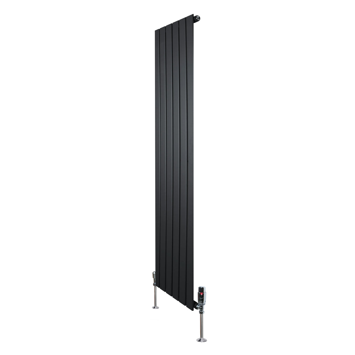Sleek black flat single column radiator with vertical panels, measuring 1600mm x 420mm, includes stylish valves for modern decor