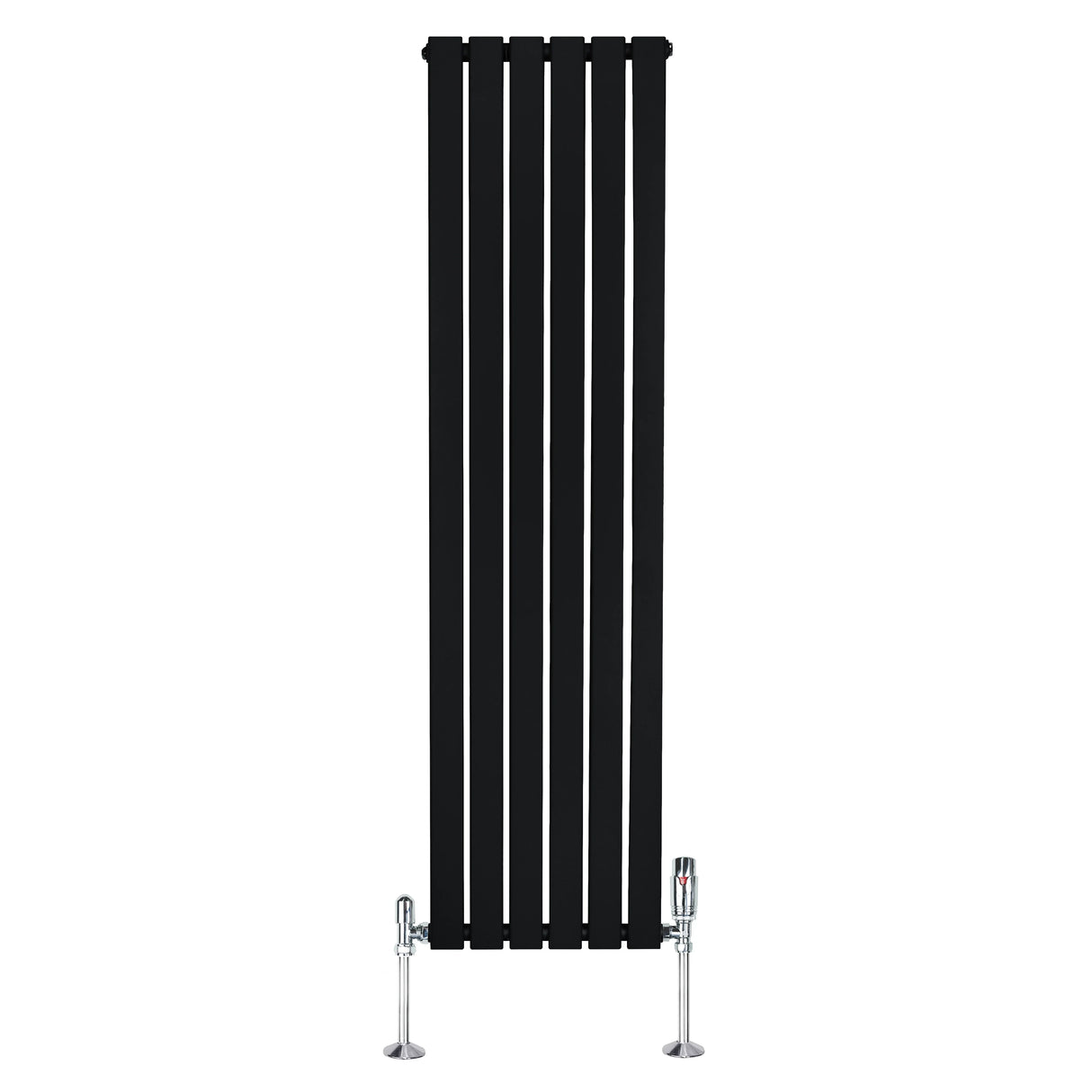 Sleek black flat single column radiator with chrome valves, measuring 1600mm x 420mm, featuring a modern vertical design