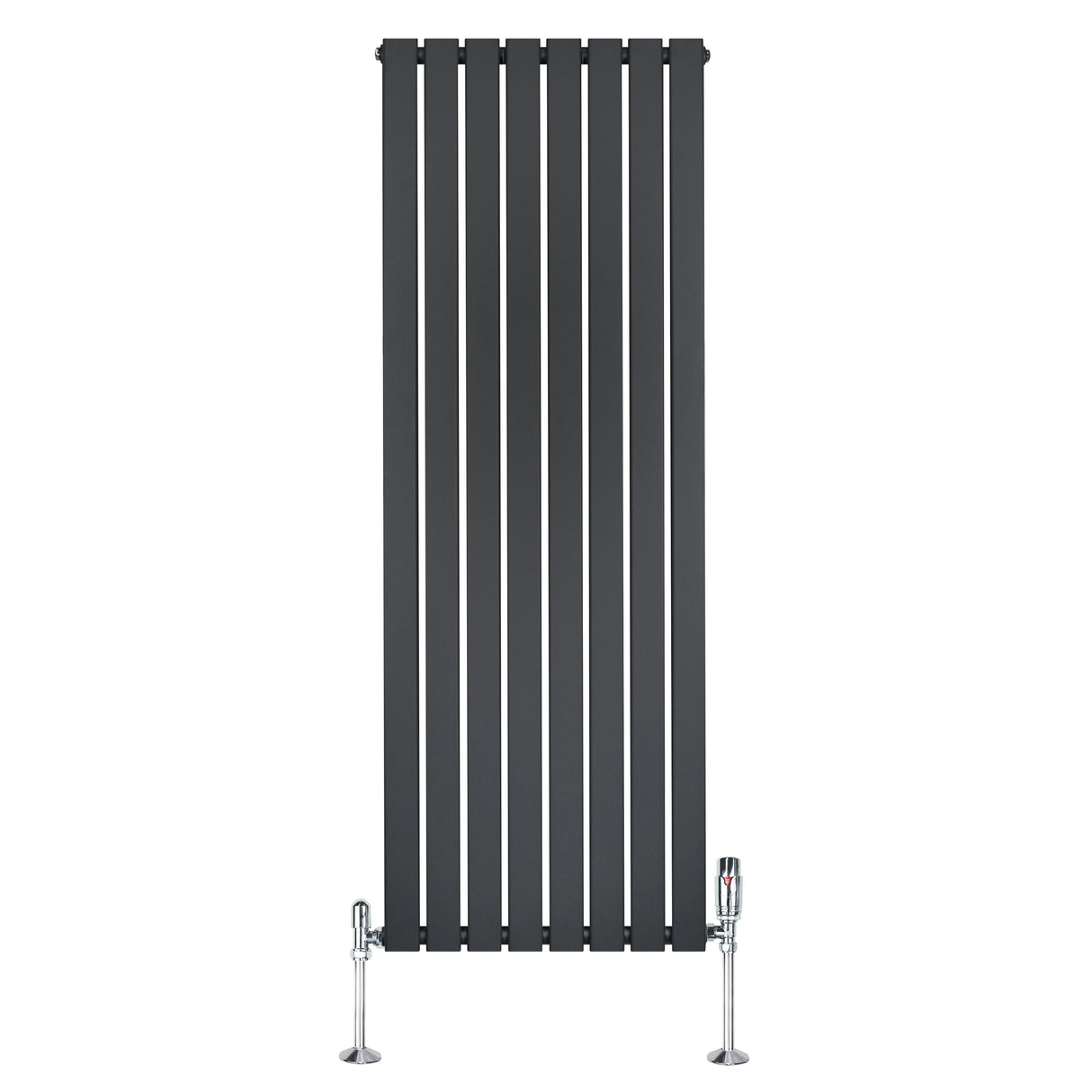 Flat single column radiator in anthracite grey, 1600mm x 560mm, featuring sleek vertical lines and chrome valves for modern decor