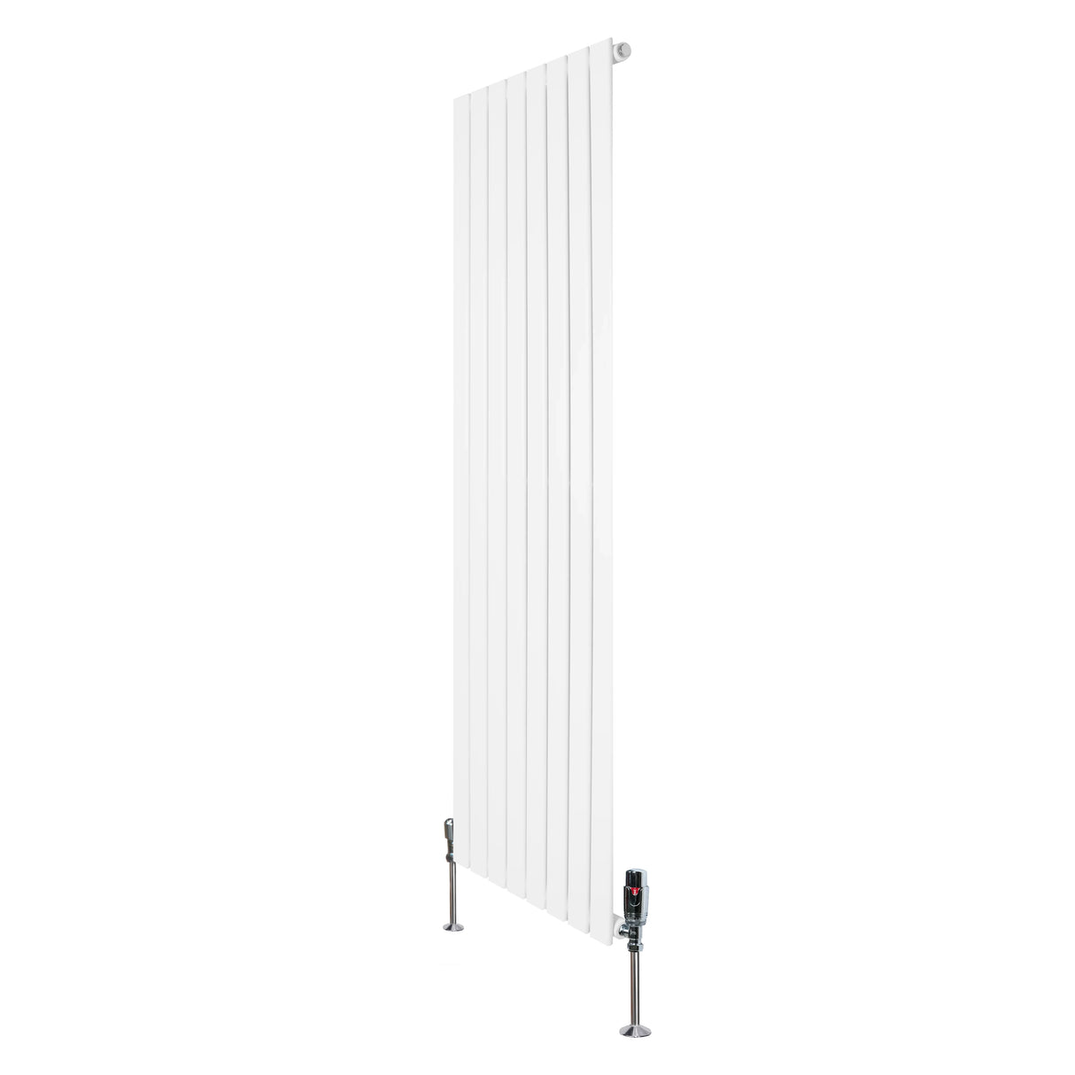 Flat single column radiator in white, measuring 1600mm x 560mm, featuring sleek vertical lines and chrome valves for modern decor