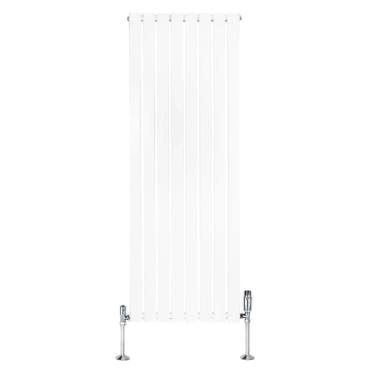 Flat single column radiator in white, measuring 1600mm x 560mm, featuring sleek vertical lines and chrome valves for modern decor