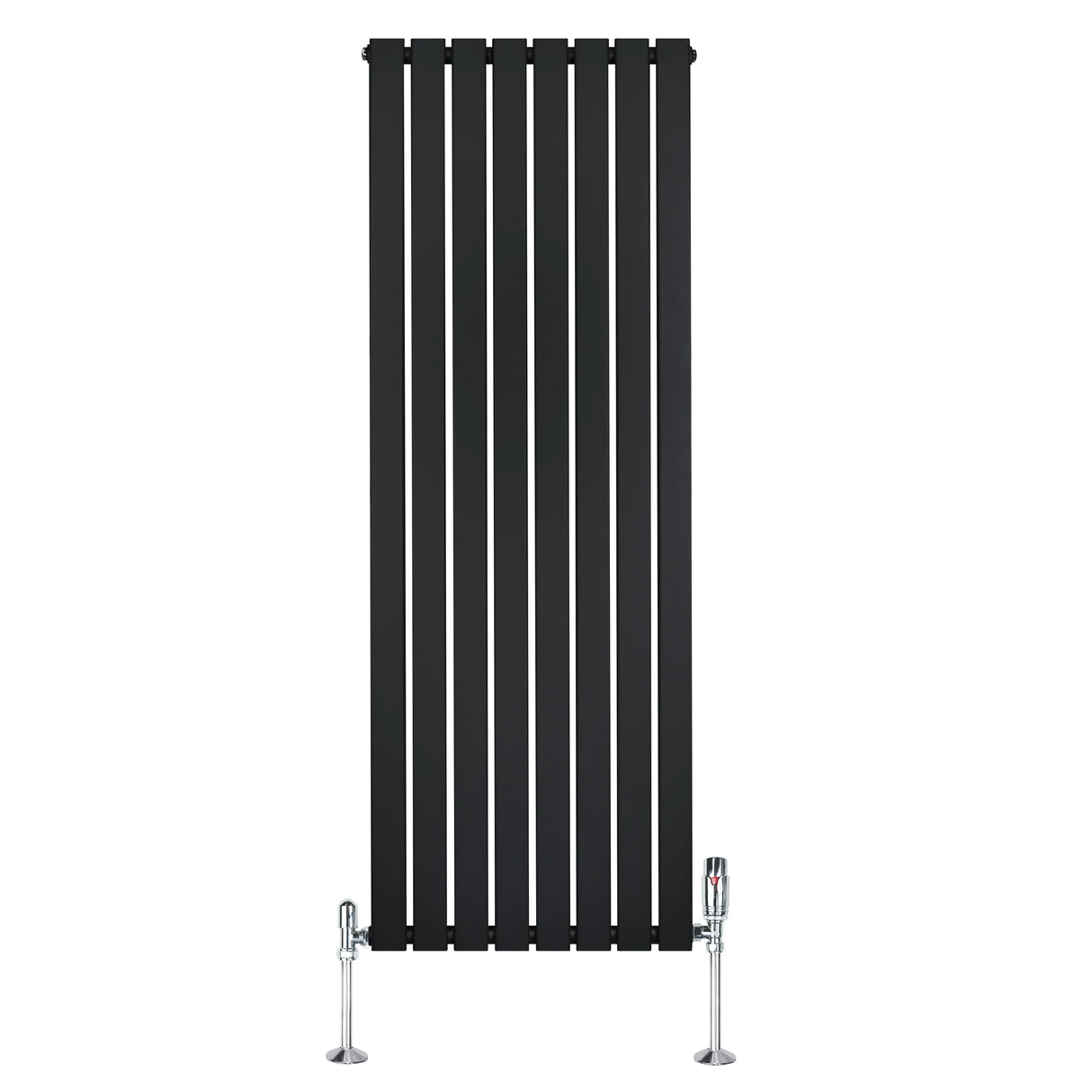 Sleek black flat single column radiator with vertical slats, measuring 1600mm x 560mm, featuring chrome valves for modern decor