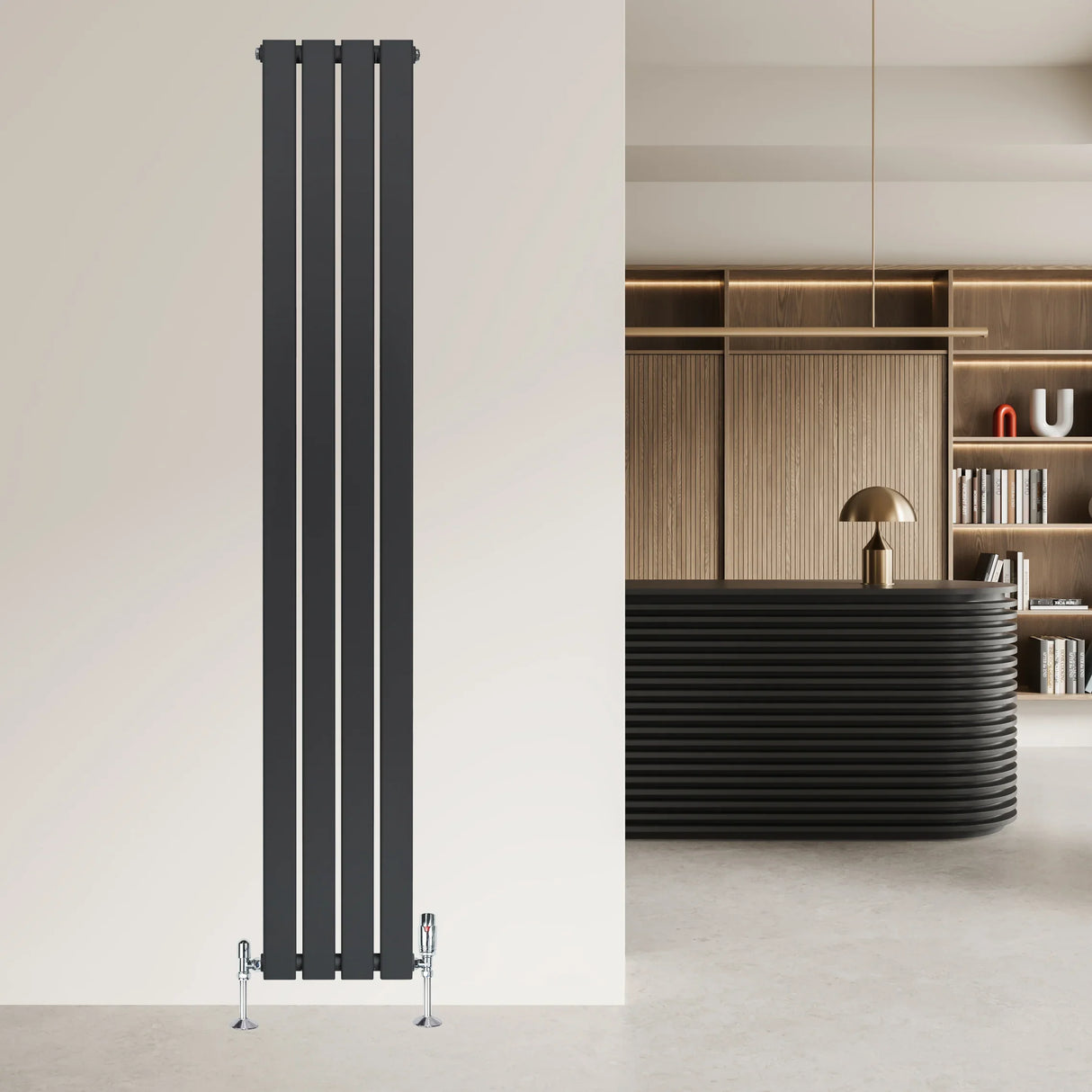 Flat single column radiator in anthracite grey, 1800mm x 280mm, sleek design with vertical lines, mounted on a modern wall