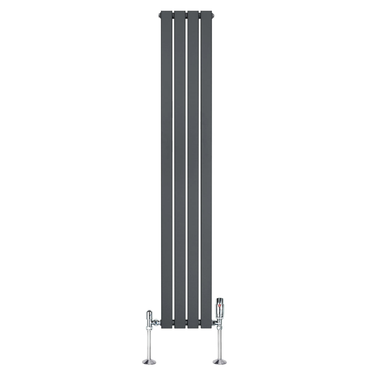 Flat single column radiator in anthracite grey, 1800mm x 280mm, featuring sleek vertical lines and chrome valves for modern decor