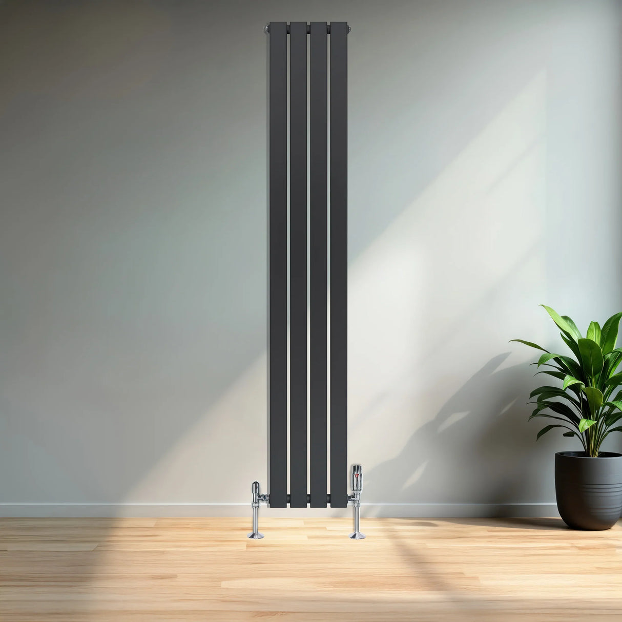 Flat single column radiator in anthracite grey, 1800mm x 280mm, featuring sleek vertical lines and modern valves, set against a minimalist interior