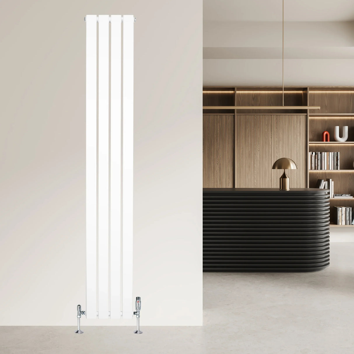Flat single column radiator in white, 1800mm x 280mm, featuring sleek vertical lines and chrome valves, set against a modern interior