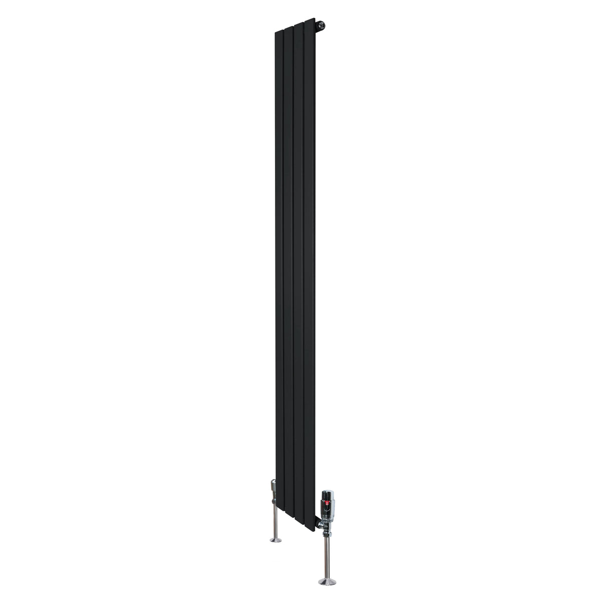 Flat single column radiator in sleek black finish, measuring 1800mm x 280mm, features modern design with matching valves