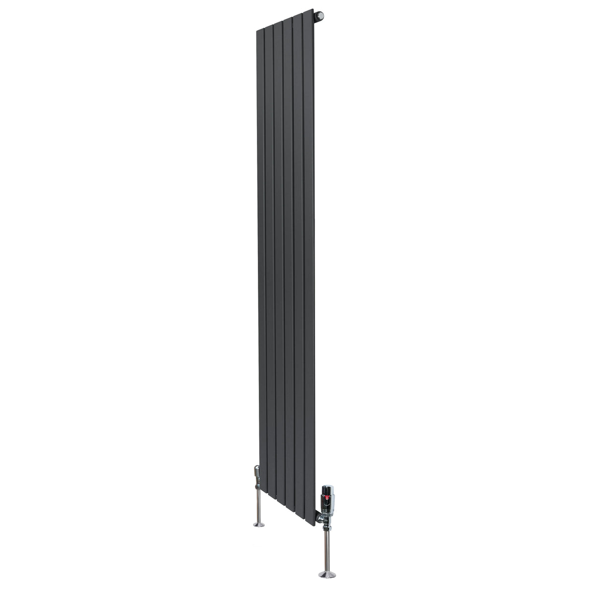 Flat single column radiator in anthracite grey, 1800mm x 420mm, featuring sleek vertical panels and modern valve design
