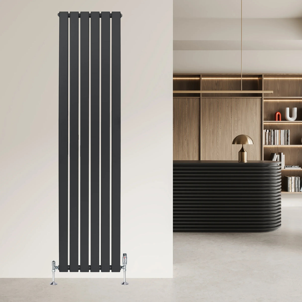 Flat single column radiator in anthracite grey, 1800mm x 420mm, featuring sleek vertical lines and modern valves, mounted on a wall