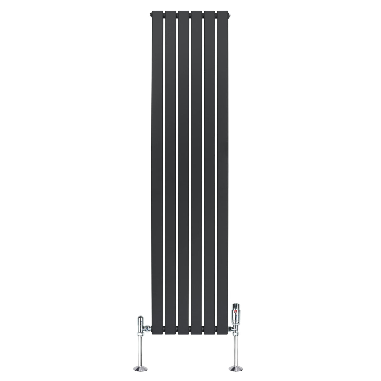 Flat single column radiator in anthracite grey, 1800mm x 420mm, featuring sleek vertical bars and chrome valves for modern decor