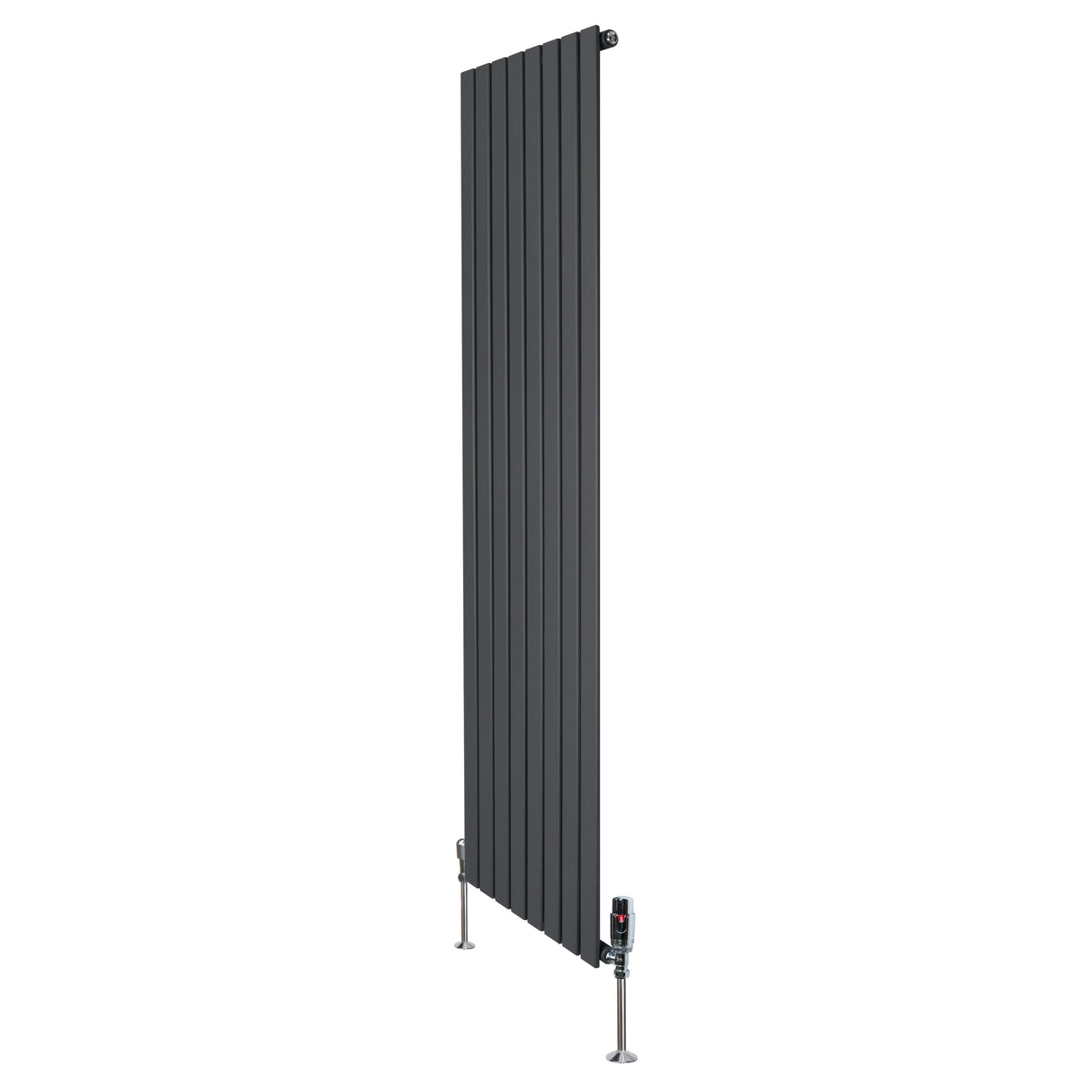 Flat single column radiator in anthracite grey, 1800mm x 560mm, featuring vertical slats and stylish valve fittings at the base