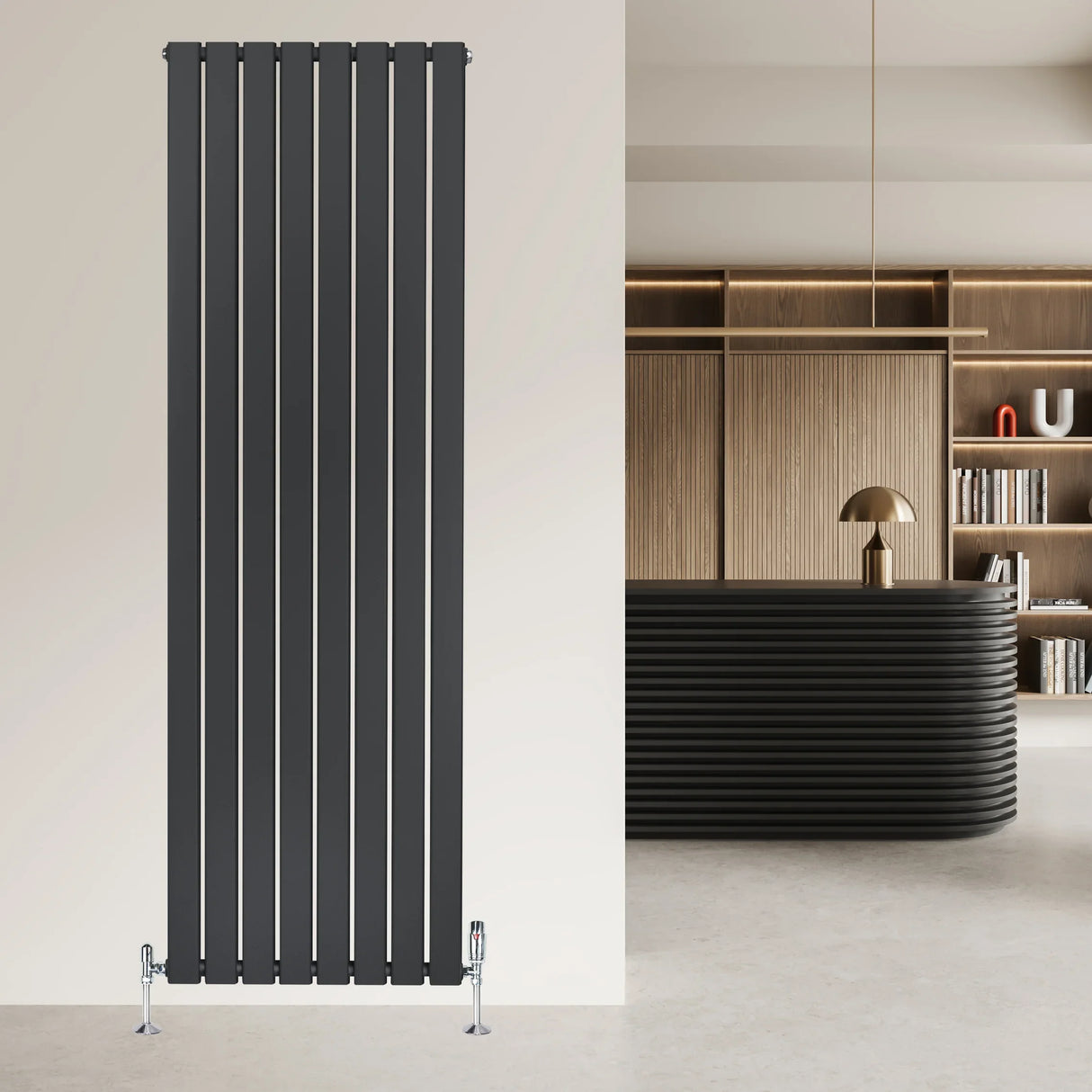 Flat single column radiator in anthracite grey, 1800mm x 560mm, featuring sleek vertical lines and modern valve fittings, enhancing contemporary decor