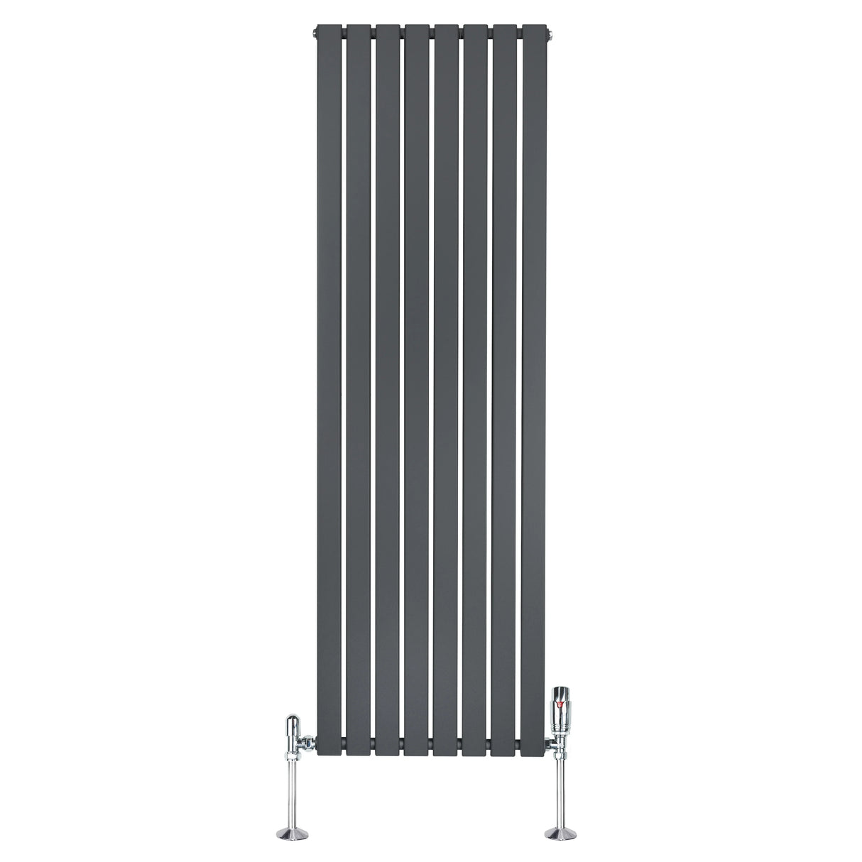Flat single column radiator in anthracite grey, 1800mm x 560mm, featuring sleek vertical lines and modern chrome valves