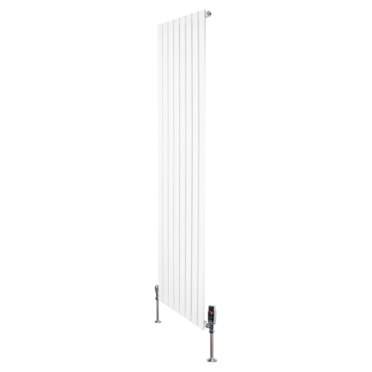Flat single column radiator in white, 1800mm x 560mm, featuring vertical slats and sleek valves for modern heating solutions