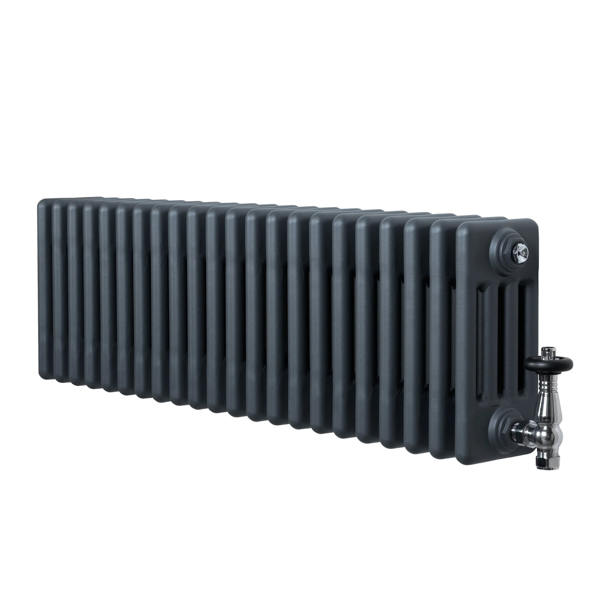 Traditional anthracite grey 4 column radiator with a sleek, textured finish and polished valves, measuring 300 x 1010mm