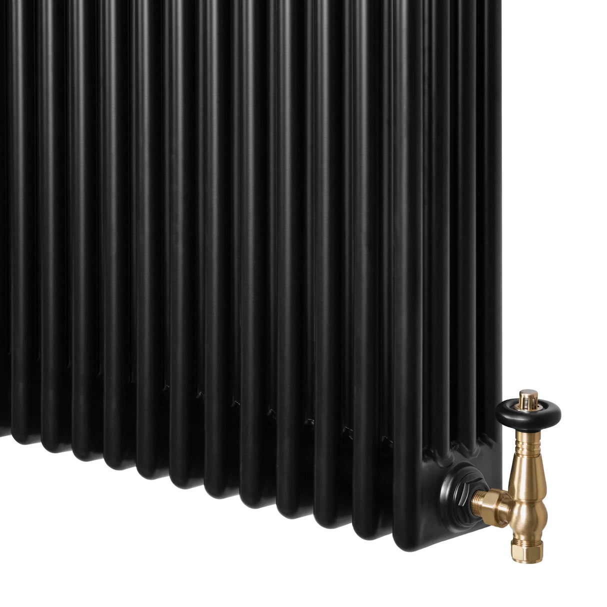 Traditional black 4 column radiator with a sleek, ribbed design and brass valve, measuring 300 x 1010mm, ideal for classic interiors