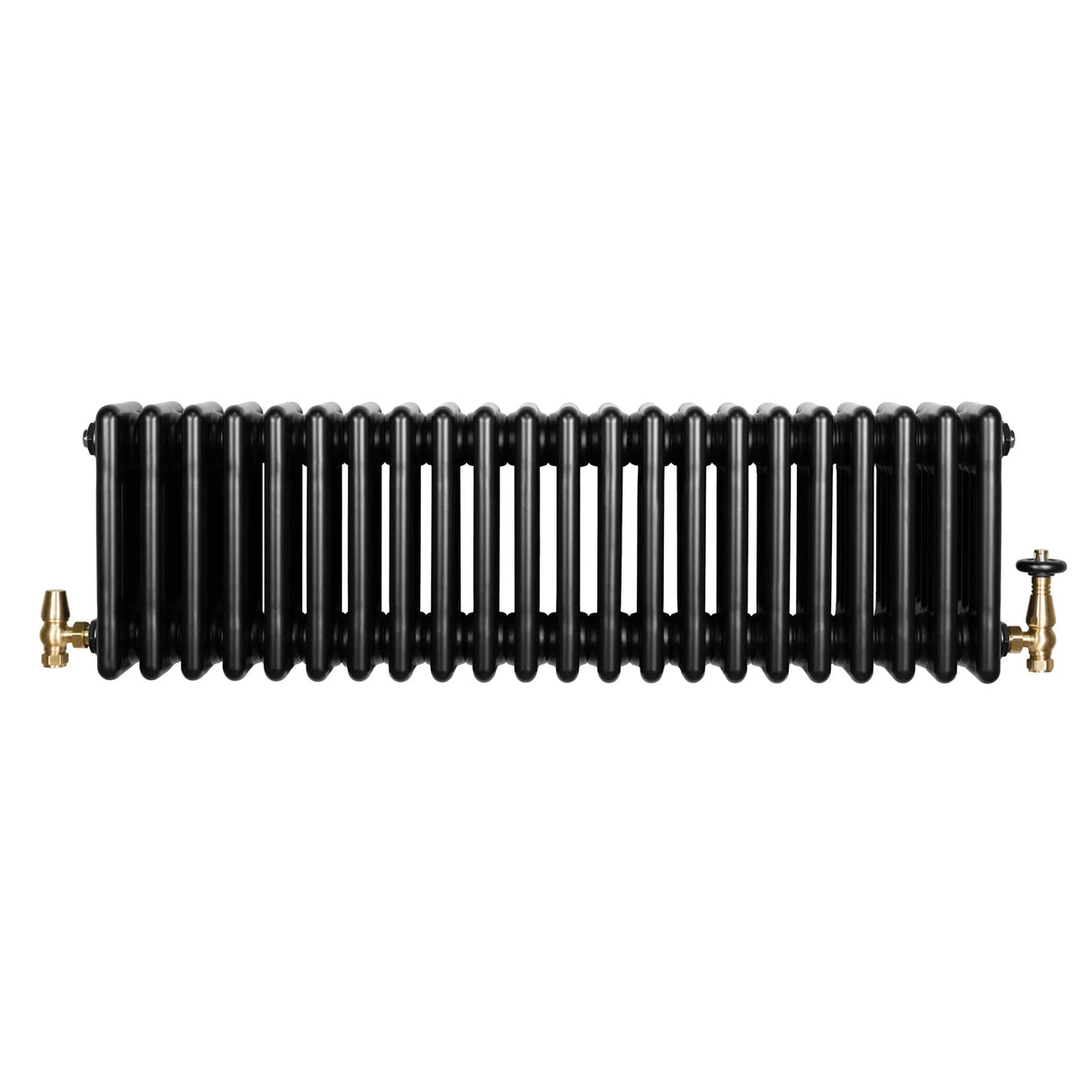 Traditional black 4 column radiator with a sleek, glossy finish and brass valves, measuring 300 x 1010mm, ideal for classic interiors