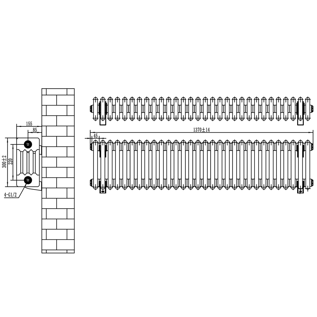Traditional white 4 column radiator with detailed dimensions, showcasing a sleek design and sturdy construction for efficient heating