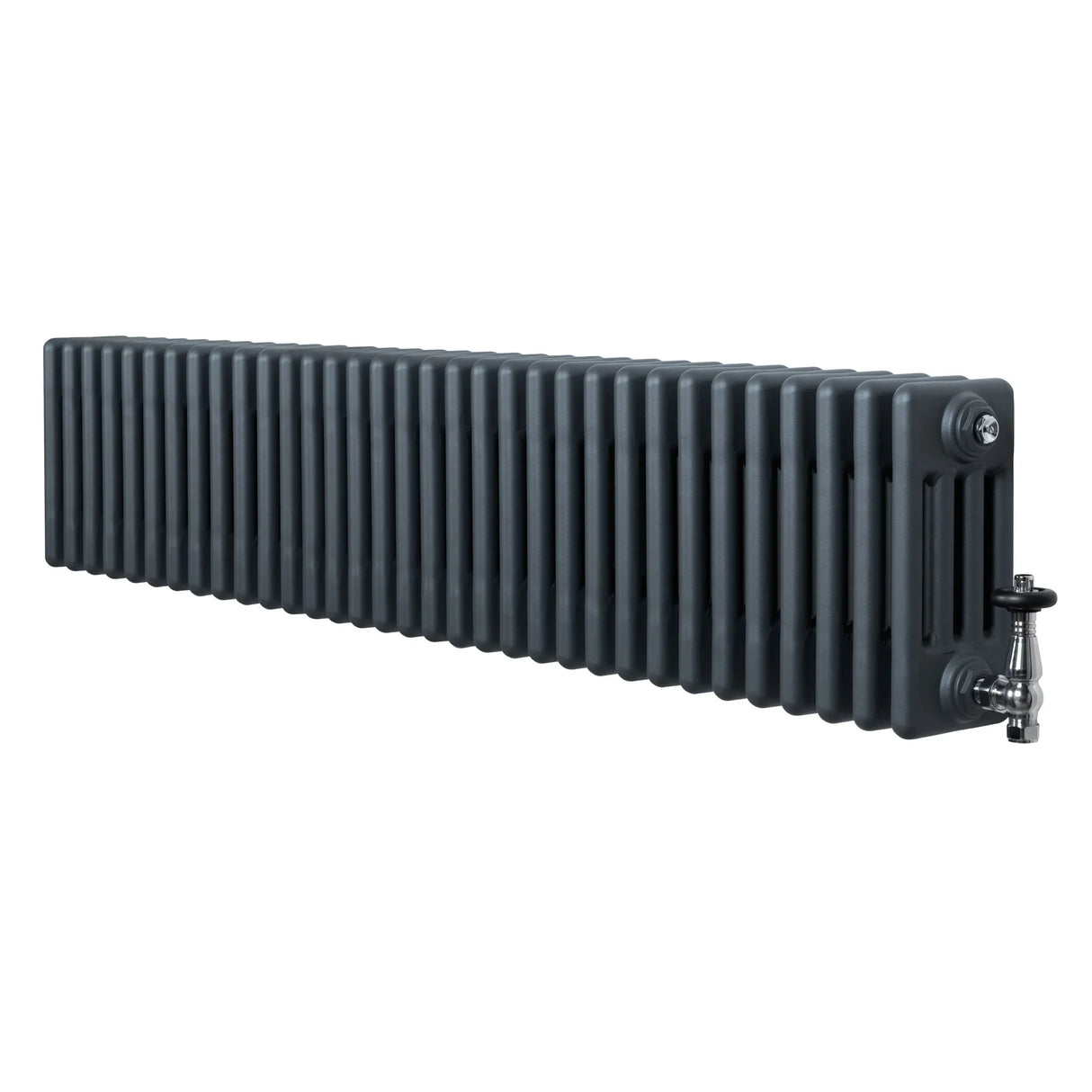 Traditional anthracite grey 4 column radiator with a sleek, elongated design and polished valve, ideal for modern interiors