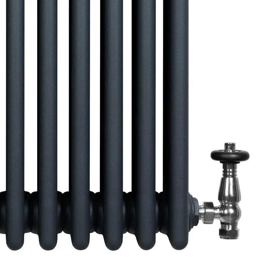 Traditional anthracite grey 4 column radiator with smooth, rounded edges and a polished valve for efficient heating