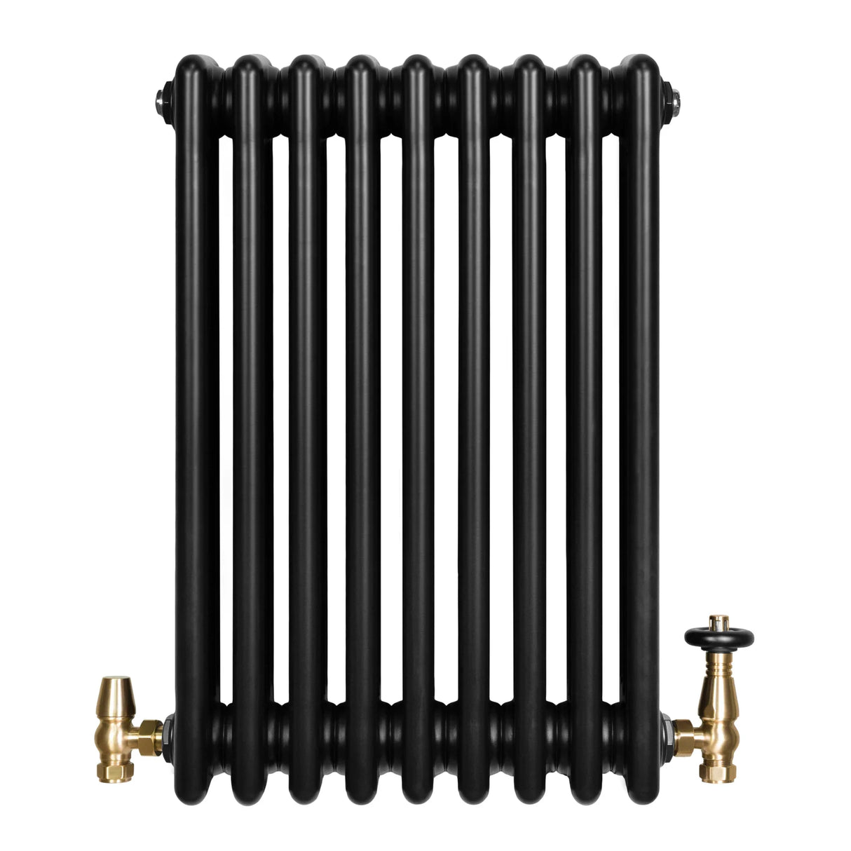 Traditional black 4 column radiator with a smooth finish and brass valves, measuring 600 x 425mm, ideal for vintage decor