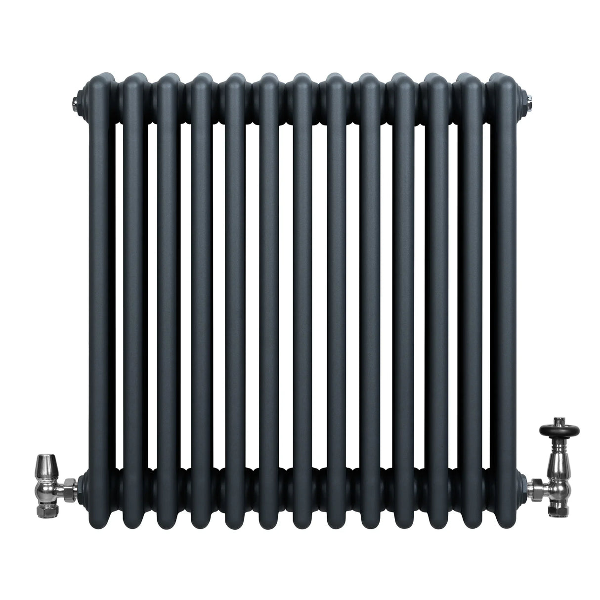 Traditional anthracite grey 4 column radiator with smooth, rounded edges and polished valves, measuring 600 x 605mm