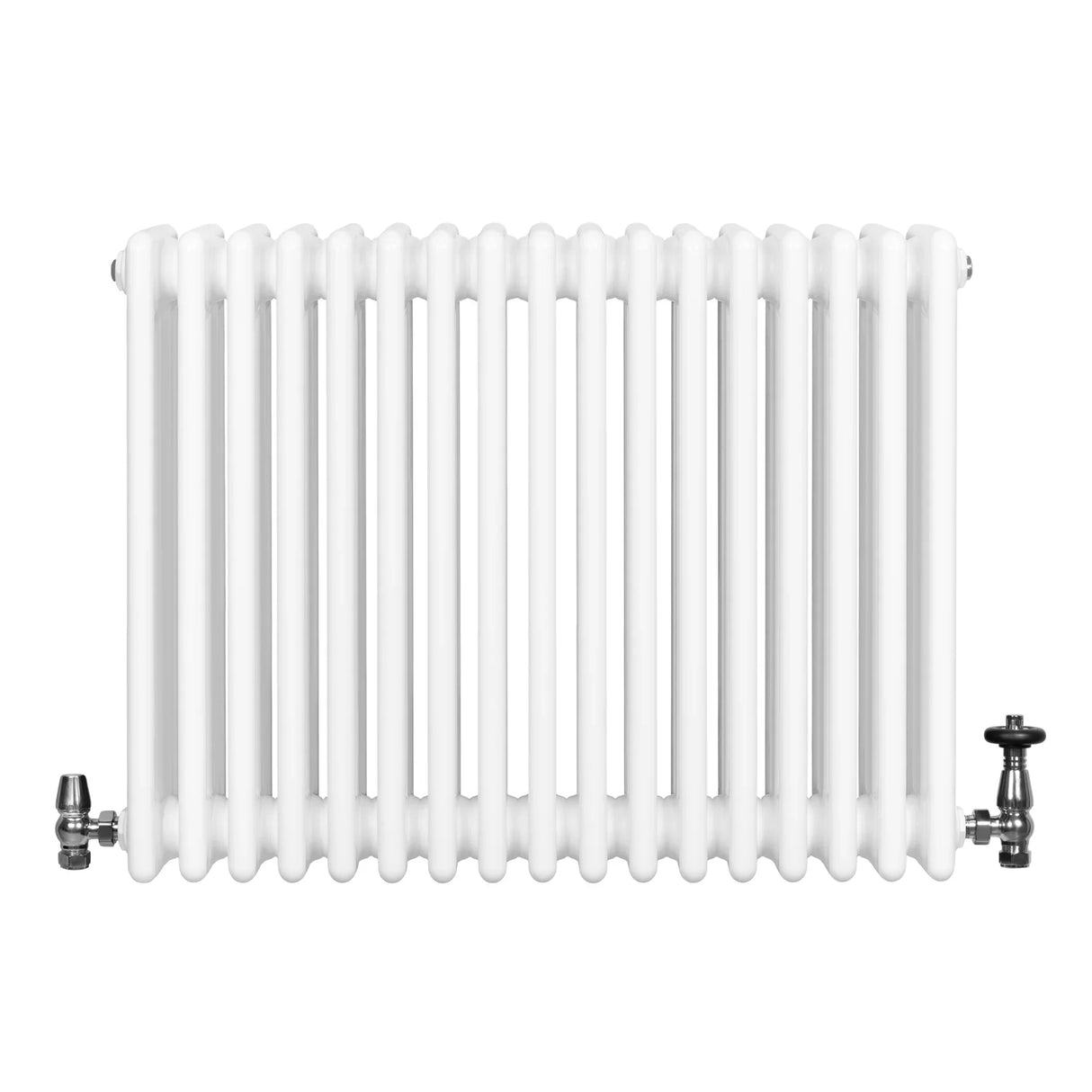 Traditional white 4 column radiator with a smooth, glossy finish and chrome valves, measuring 600 x 785mm, ideal for classic interiors
