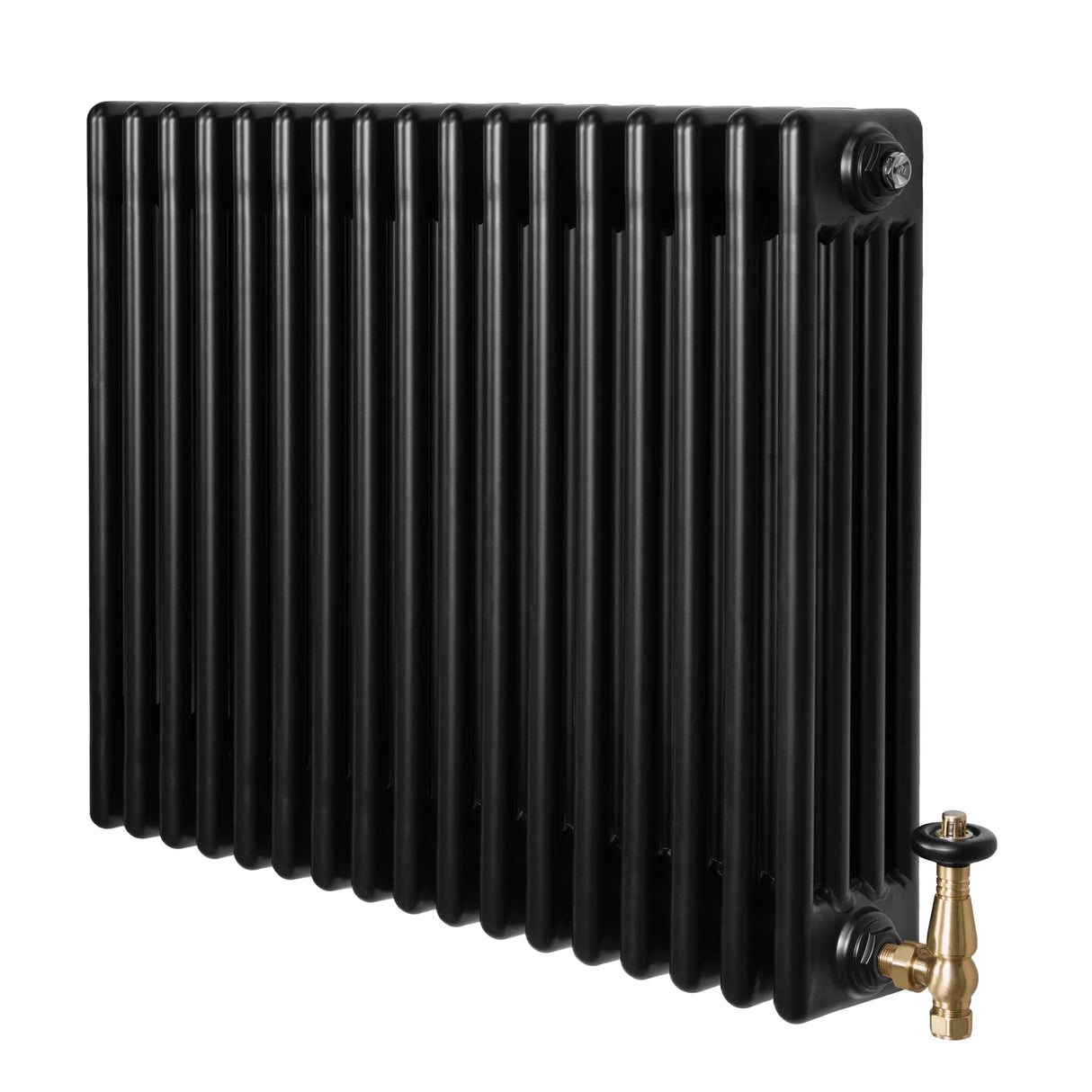 Traditional black 4 column radiator with a smooth finish, featuring brass valves and a sleek, modern design suitable for any room