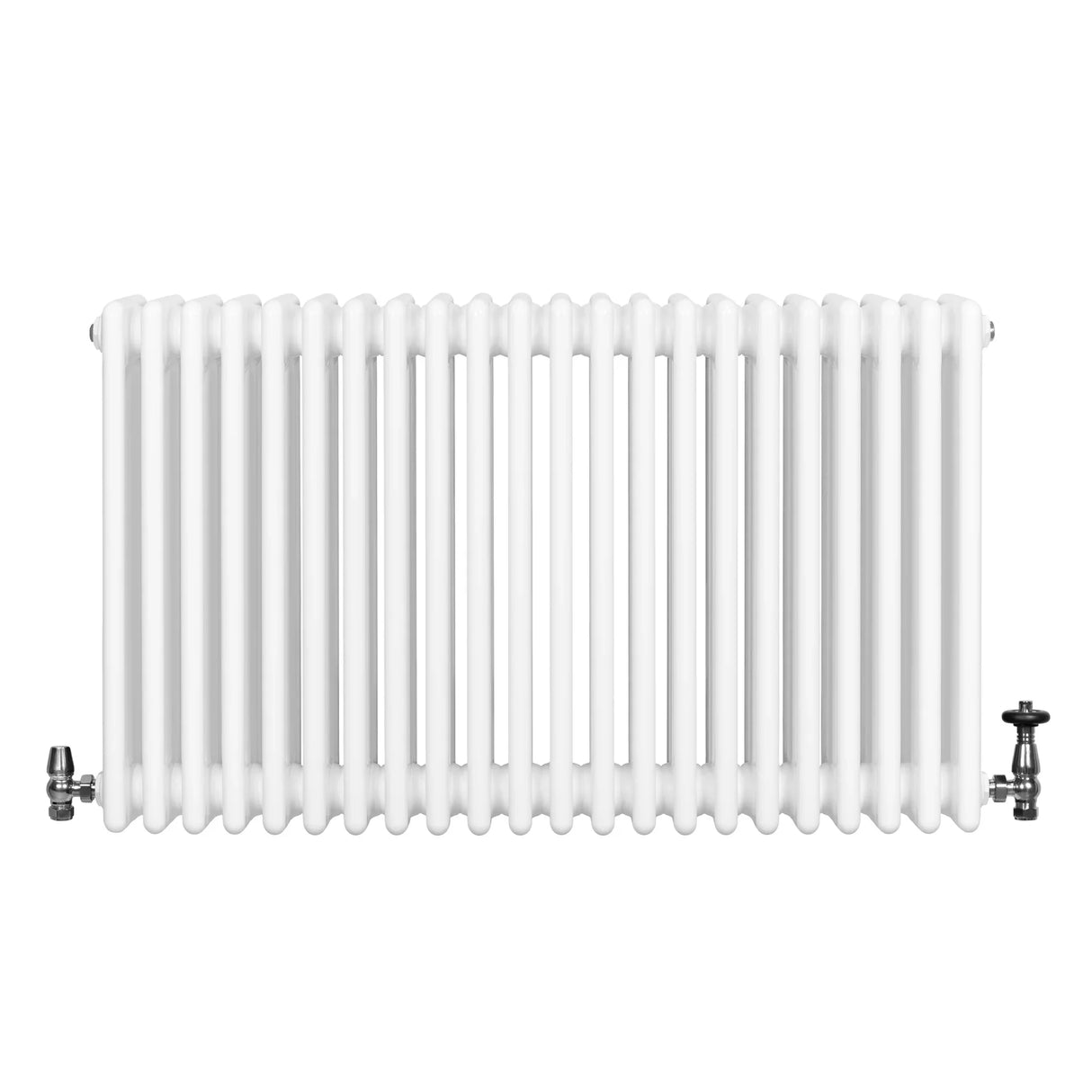 Traditional white 4 column radiator with a smooth finish, featuring chrome valves on both sides for efficient heating