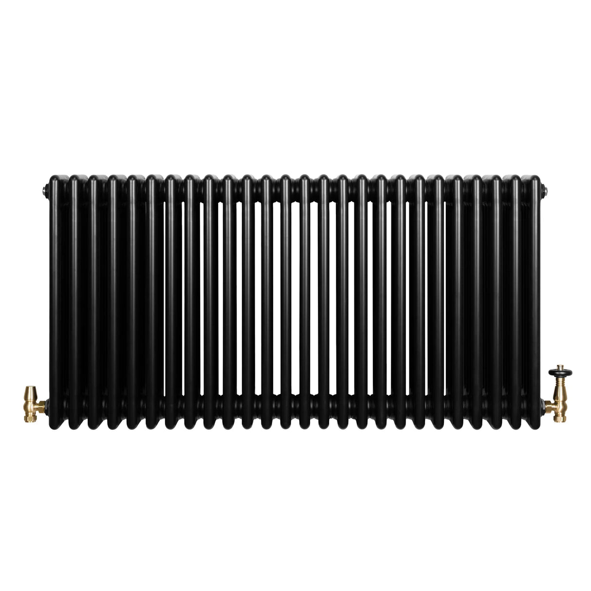 Traditional black 4 column radiator with a sleek finish, featuring brass valves and a rectangular shape, ideal for vintage decor