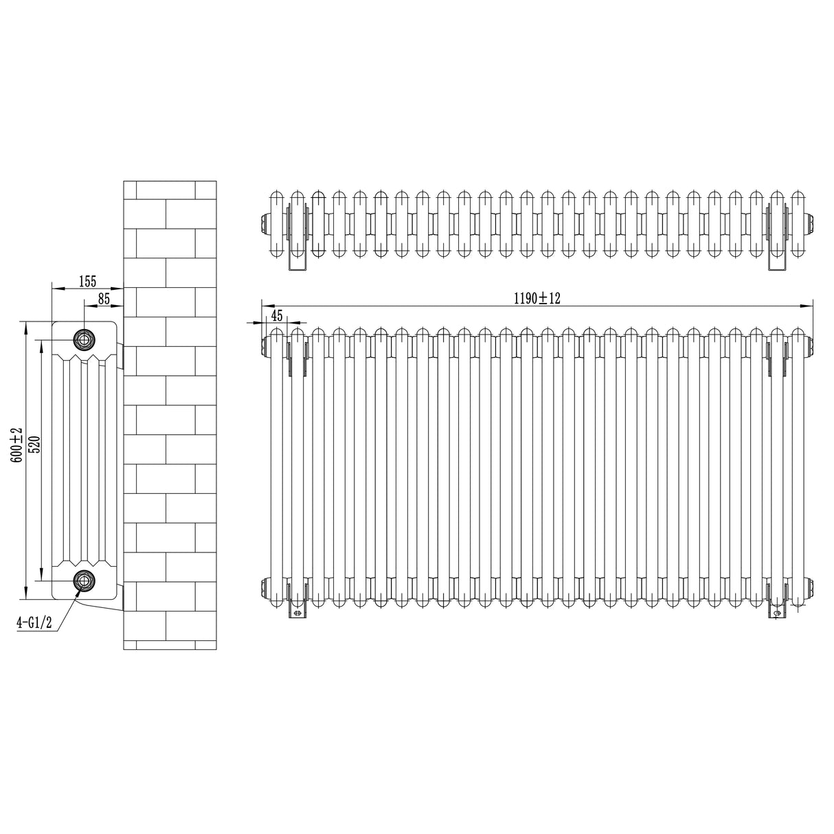 Traditional black 4 column radiator with detailed dimensions, showcasing a sleek design and sturdy construction for efficient heating