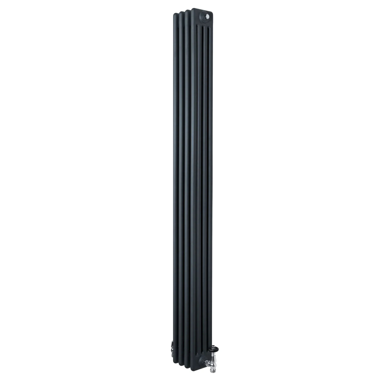 Traditional anthracite grey 4 column radiator, 1800 x 200mm, featuring a sleek vertical design and polished valves for modern interiors