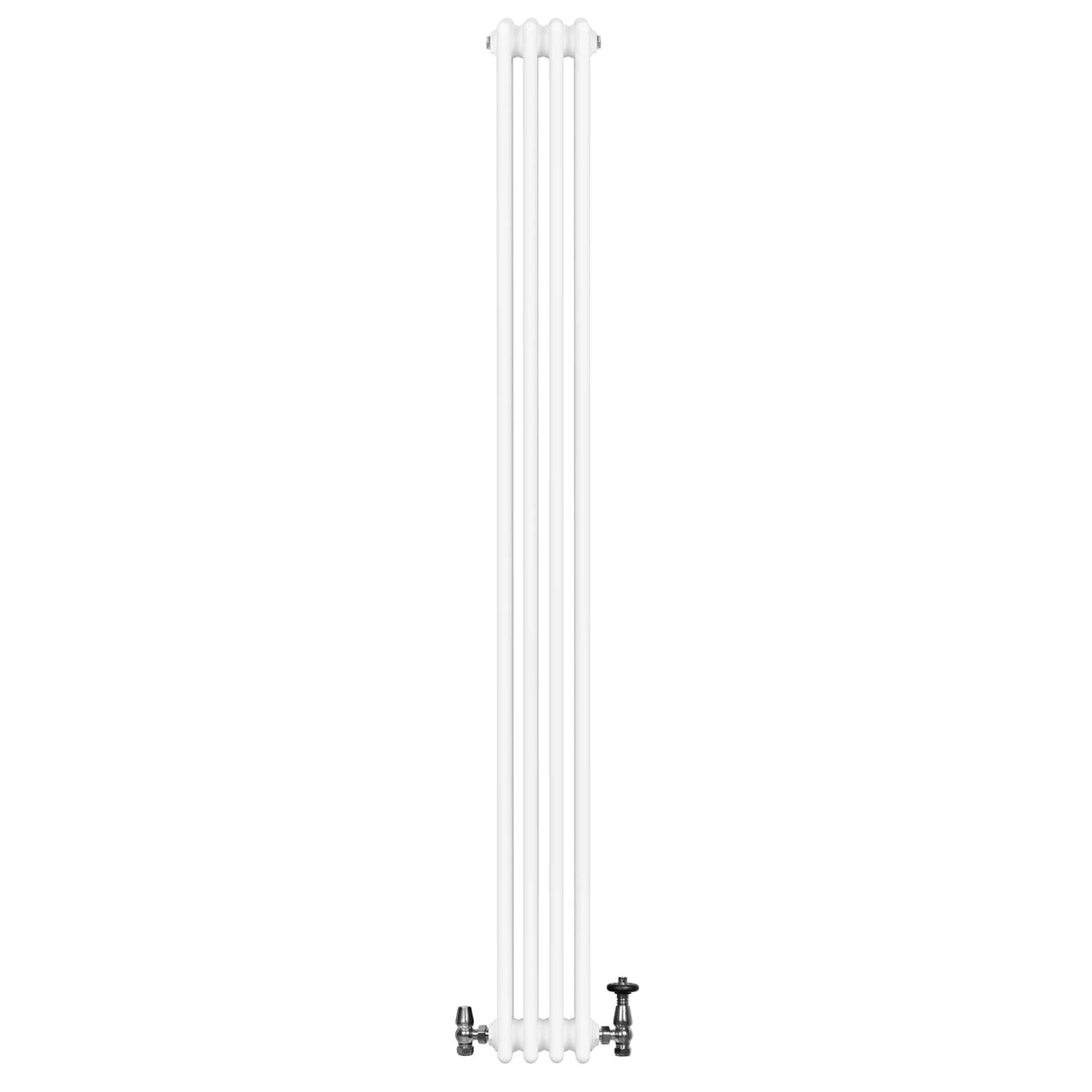 Traditional white 4 column radiator with a sleek, smooth finish and chrome valves, measuring 1800 x 200mm, ideal for heating spaces