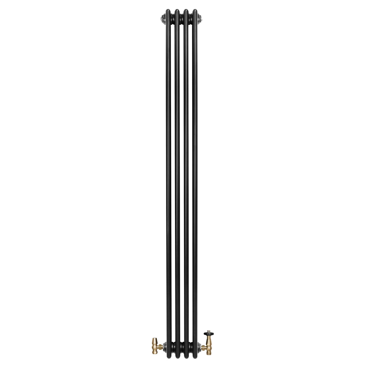 Traditional black 4 column radiator with a sleek finish, featuring brass valves, measuring 1800 x 200mm, ideal for classic interiors