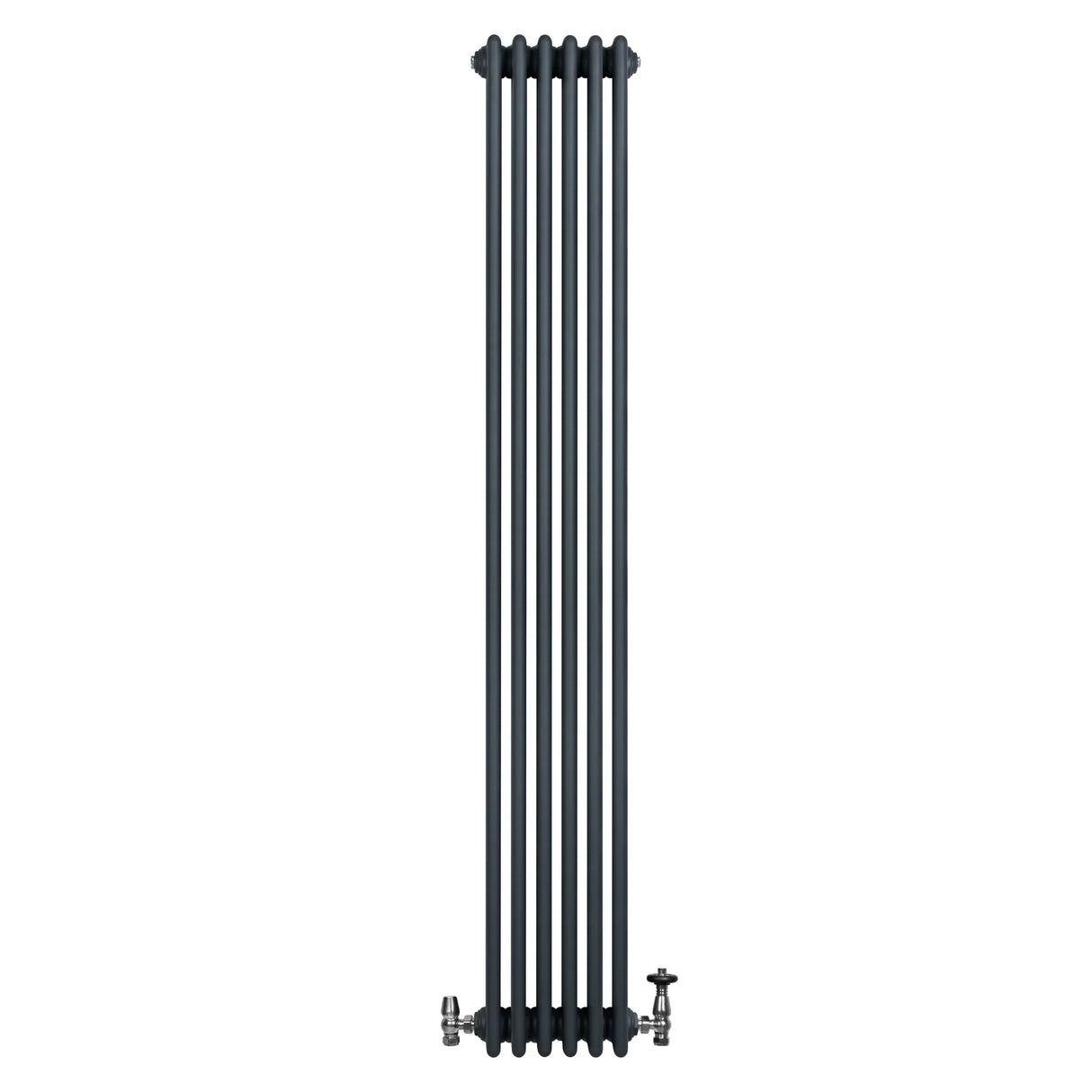 Traditional anthracite grey 4 column radiator with sleek vertical design, measuring 1800 x 290mm, featuring chrome valves