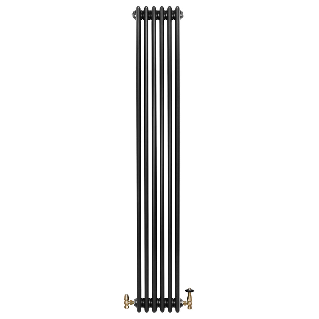 Traditional black 4 column radiator with a sleek vertical design, featuring brass valves and a smooth, matte finish