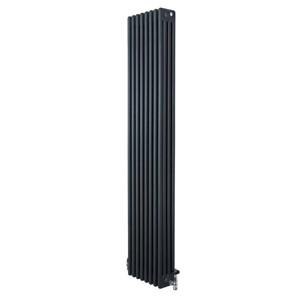 Traditional 4 column radiator in anthracite grey, 1800 x 380mm, featuring vertical lines and polished valves for a sleek look