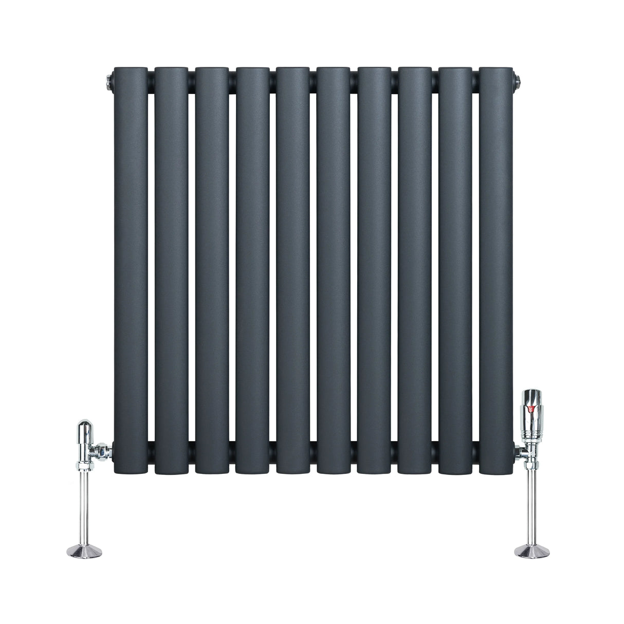 Oval single column radiator in anthracite grey, featuring sleek vertical bars and polished chrome valves for modern decor