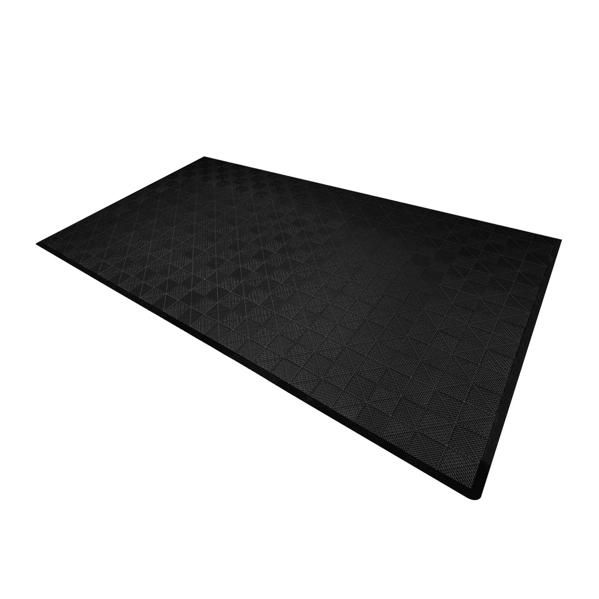 Vented black garage floor tiles with textured surface and interlocking edges, ideal for durable flooring solutions in garages