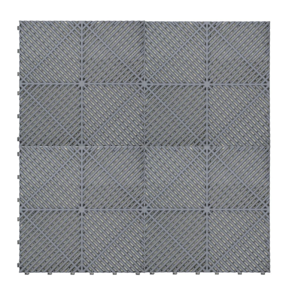Vented grey garage floor tiles arranged in a square, featuring a textured surface and interlocking edges for easy installation